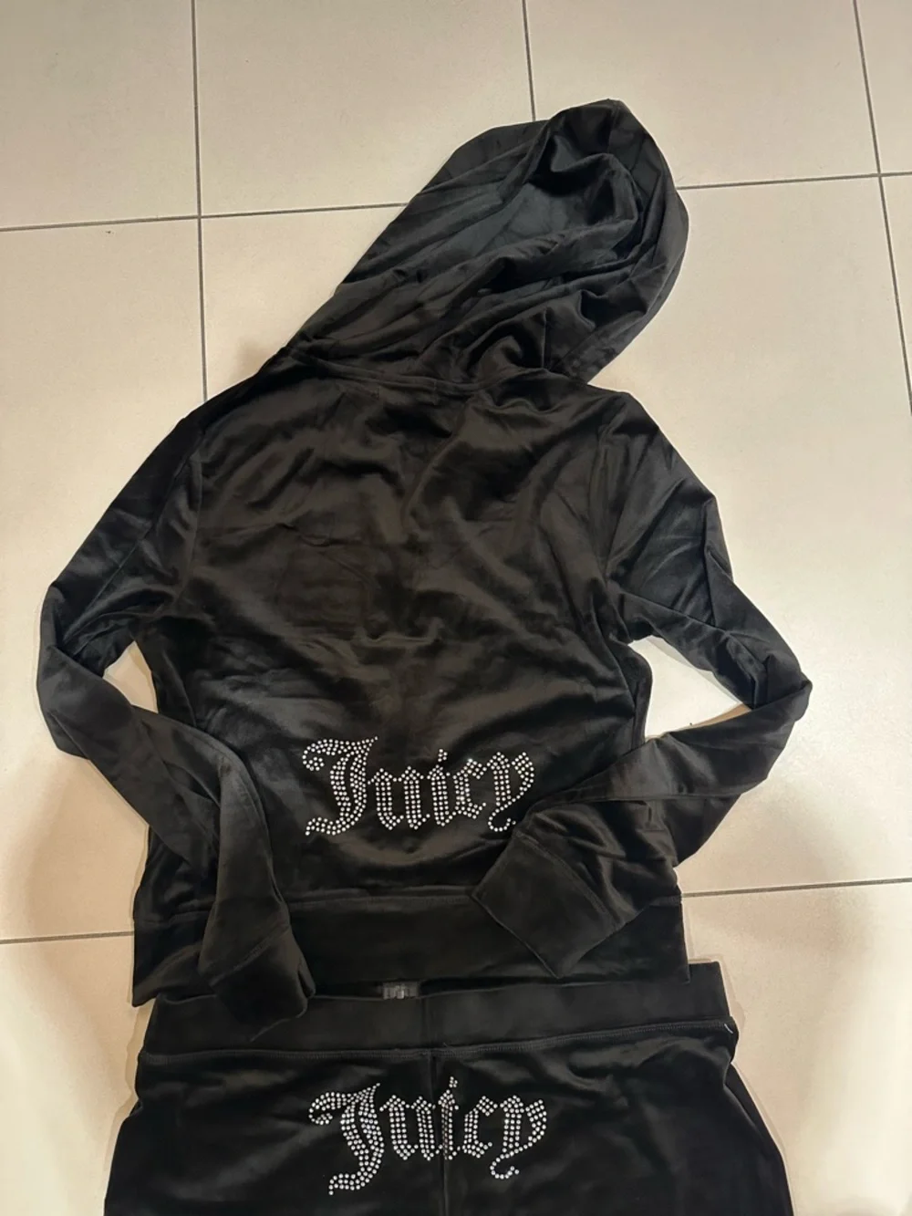 Juicy Couture Black Hooded tracksuit Set with Rhinestone Logo Sz L Y2K